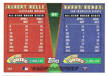 1995 Topps Traded & Rookies #161 Barry Bonds / Albert Belle Back