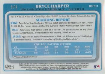 2011 Bowman Chrome - Prospect Autographs Superfractors #BCP111 Bryce Harper Back