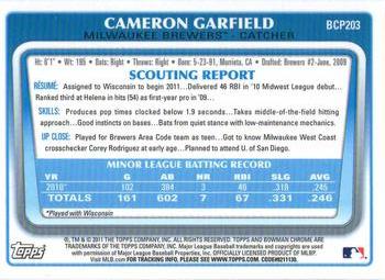 2011 Bowman Chrome - Prospects Green X-Fractors #BCP203 Cameron Garfield Back