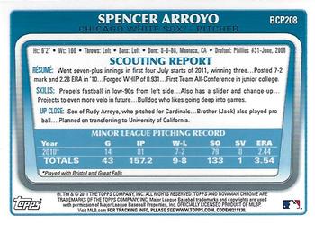 2011 Bowman Chrome - Prospects Green X-Fractors #BCP208 Spencer Arroyo Back