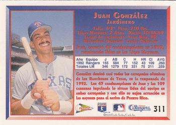 1993 Pacific Spanish #311 Juan Gonzalez Back