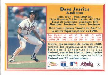 1993 Pacific Spanish #8 Dave Justice Back