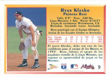 1993 Pacific Spanish #9 Ryan Klesko Back