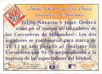 1993 Pacific Spanish - Beisbol Amigos #10 Jaime Navarro / Jesse Orosco Back