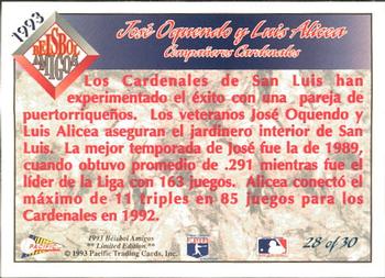 1993 Pacific Spanish - Beisbol Amigos #28 Jose Oquendo / Luis Alicea Back