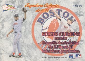 1993 Pacific Spanish - Jugadores Calientes #4 Roger Clemens Back