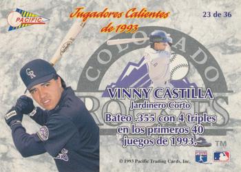 1993 Pacific Spanish - Jugadores Calientes #23 Vinny Castilla Back