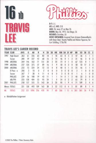 2002 Philadelphia Phillies Photocards #15 Travis Lee Back