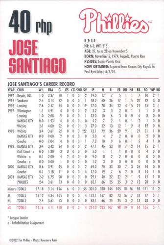 2002 Philadelphia Phillies Photocards #28 Jose Santiago Back