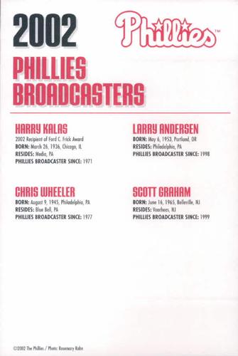 2002 Philadelphia Phillies Photocards #35 Phillies Broadcasters (Scott Graham / Harry Kalas / Larry Andersen / Chris Wheeler) Back