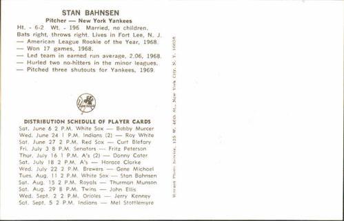 1970 New York Yankees Clinic Day Postcards #NNO Stan Bahnsen Back