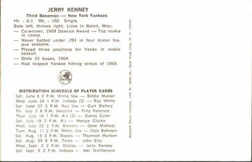 1970 New York Yankees Clinic Day Postcards #NNO Jerry Kenney Back
