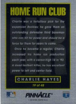 1993 Pinnacle Home Run Club #19 Charlie Hayes Back
