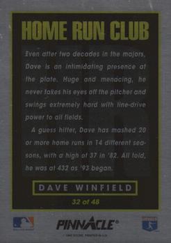 1993 Pinnacle Home Run Club #32 Dave Winfield Back