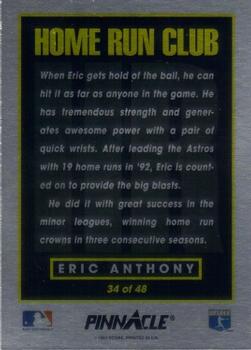 1993 Pinnacle Home Run Club #34 Eric Anthony Back