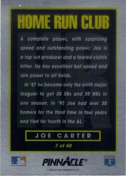 1993 Pinnacle Home Run Club #7 Joe Carter Back
