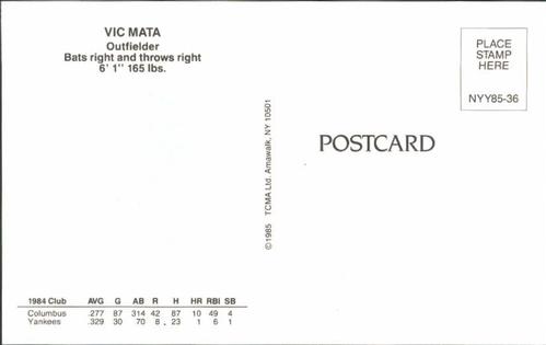 1985 TCMA New York Yankees Postcards #NYY85-36 Vic Mata Back