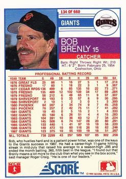 1988 Score - Glossy #134 Bob Brenly Back
