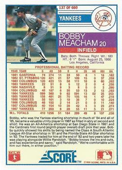 1988 Score - Glossy #137 Bobby Meacham Back