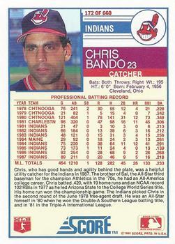 1988 Score - Glossy #172 Chris Bando Back