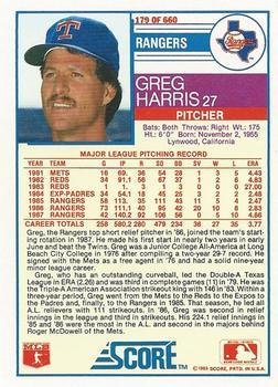 1988 Score - Glossy #179 Greg Harris Back