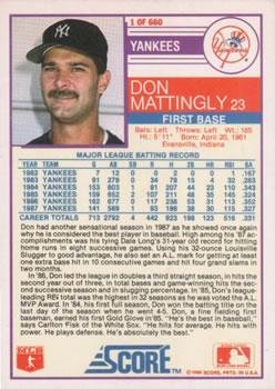 1988 Score - Glossy #1 Don Mattingly Back