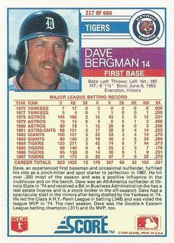 1988 Score - Glossy #217 Dave Bergman Back