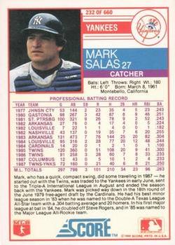 1988 Score - Glossy #232 Mark Salas Back