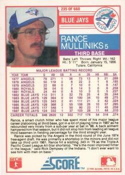 1988 Score - Glossy #235 Rance Mulliniks Back
