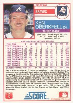 1988 Score - Glossy #245 Ken Oberkfell Back