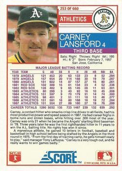 1988 Score - Glossy #253 Carney Lansford Back