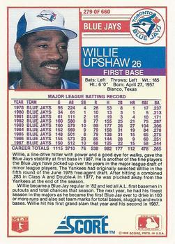 1988 Score - Glossy #279 Willie Upshaw Back