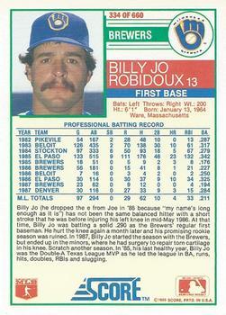 1988 Score - Glossy #334 Billy Jo Robidoux Back