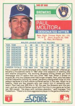 1988 Score - Glossy #340 Paul Molitor Back