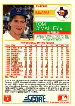 1988 Score - Glossy #534 Tom O'Malley Back