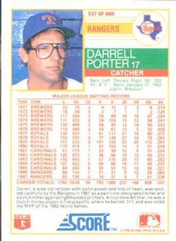 1988 Score - Glossy #537 Darrell Porter Back