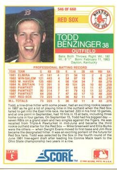 1988 Score - Glossy #546 Todd Benzinger Back