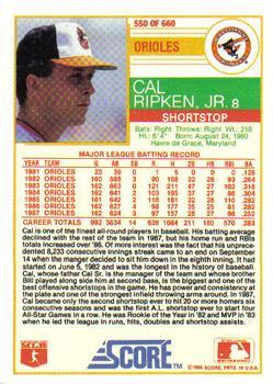 1988 Score - Glossy #550 Cal Ripken, Jr. Back