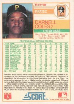 1988 Score - Glossy #554 Darnell Coles Back