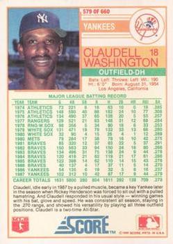 1988 Score - Glossy #579 Claudell Washington Back