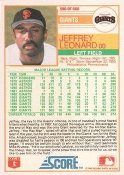 1988 Score - Glossy #580 Jeffrey Leonard Back