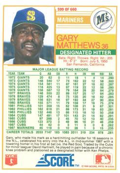 1988 Score - Glossy #599 Gary Matthews Back
