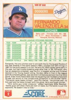 1988 Score - Glossy #600 Fernando Valenzuela Back