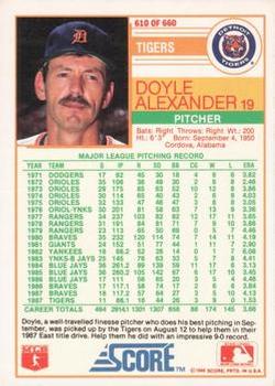 1988 Score - Glossy #610 Doyle Alexander Back