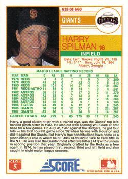 1988 Score - Glossy #618 Harry Spilman Back