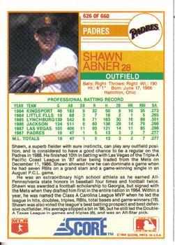 1988 Score - Glossy #626 Shawn Abner Back