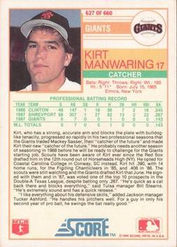 1988 Score - Glossy #627 Kirt Manwaring Back