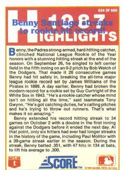 1988 Score - Glossy #654 Benny Santiago Back