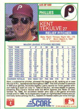 1988 Score - Glossy #425 Kent Tekulve Back