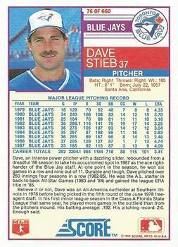 1988 Score - Glossy #76 Dave Stieb Back
